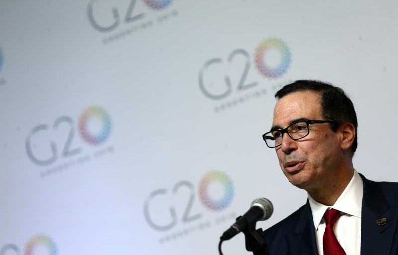 U.S. Treasury Secretary Mnuchin speaks during a news conference at the G20 Meeting of Finance Ministers in Buenos Aires