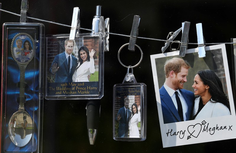 Souvenirs themed on the forthcoming royal wedding between Prince Harry and Meghan Markle are seen for sale in Windsor