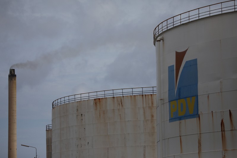 The logo of the Venezuelan oil company PDVSA is seen on a tank at Isla refinery in Willemstad on the island of Curacao
