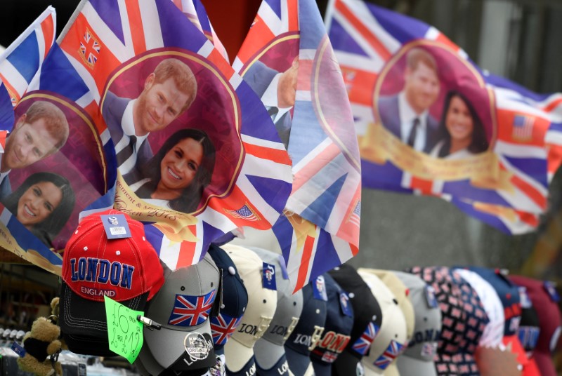 Flags are seen for sale ahead of the forthcoming wedding of Britain's Prince Harry and his fiancee Meghan Markle, on Oxford Street in London, Britain