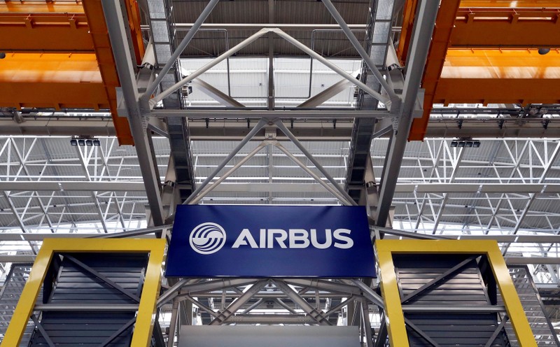FILE PHOTO: Logo of Airbus is pictured at the Airbus A380 final assembly line at Airbus headquarters in Blagnac near Toulouse