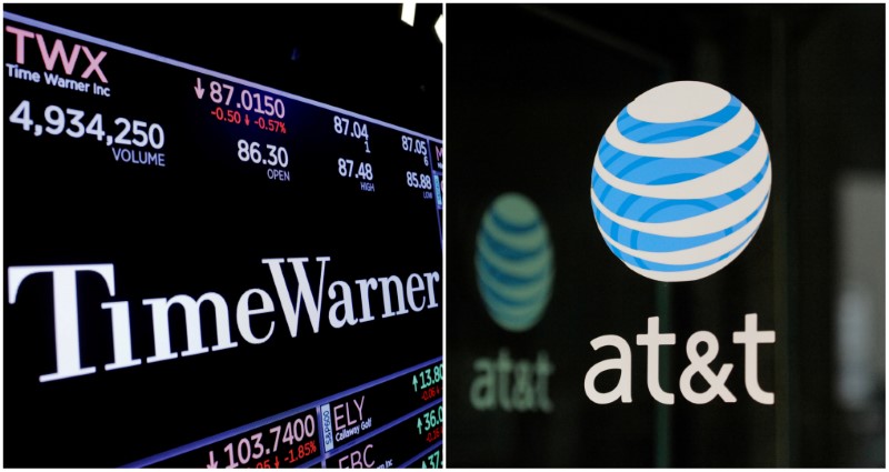 FILE PHOTO: A combination photo of the Time Warner shares price at the New York Stock Exchange and AT&T logo in New York