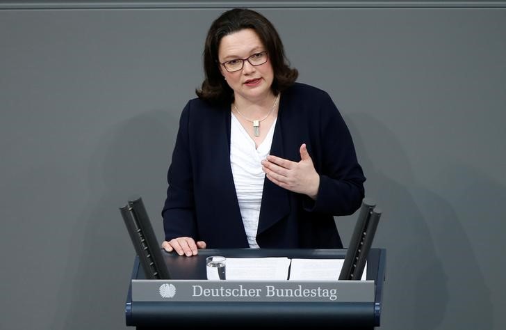Andrea Nahles, leader of Social Democratic Party (SPD), addresses the lower house of parliament Bundestag in Berlin