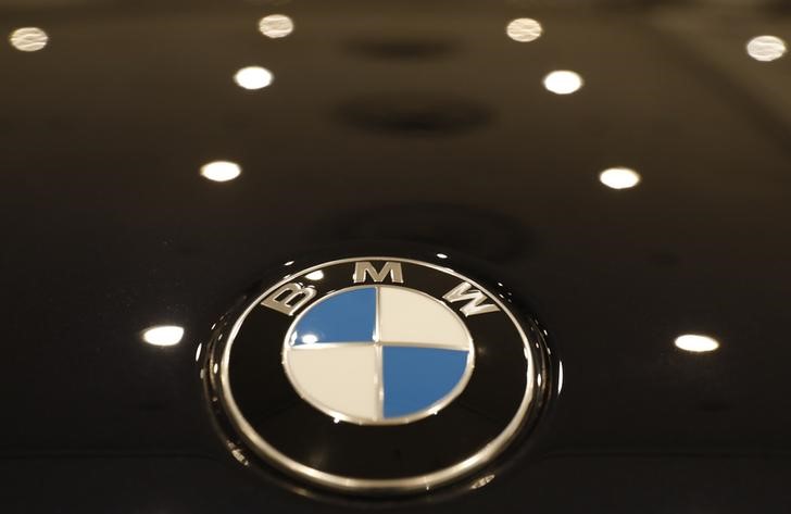 The BMW logo is seen on a vehicle at the New York Auto Show in New York