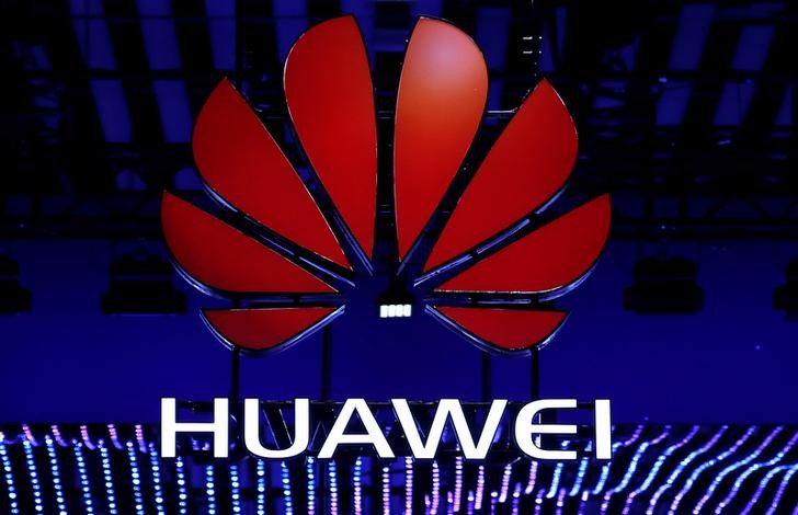 The Huawei logo is seen during the Mobile World Congress in Barcelona