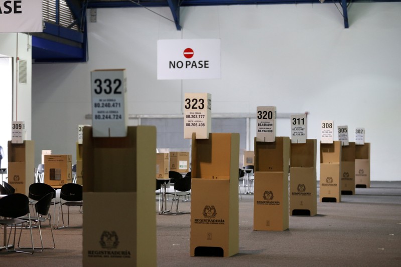 Ballot boxes are seen at an electoral polling station ahead of June 17 second round of presidential election in Bogota