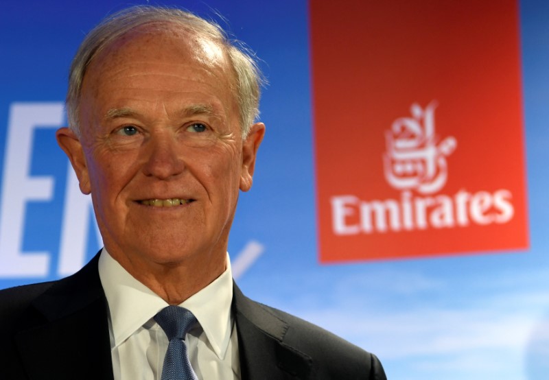 FILE PHOTO: Tim Clark, President of Emirates Airlines, delivers his speech during a presentation of Emirates Boeing 777 at the airport in Hamburg