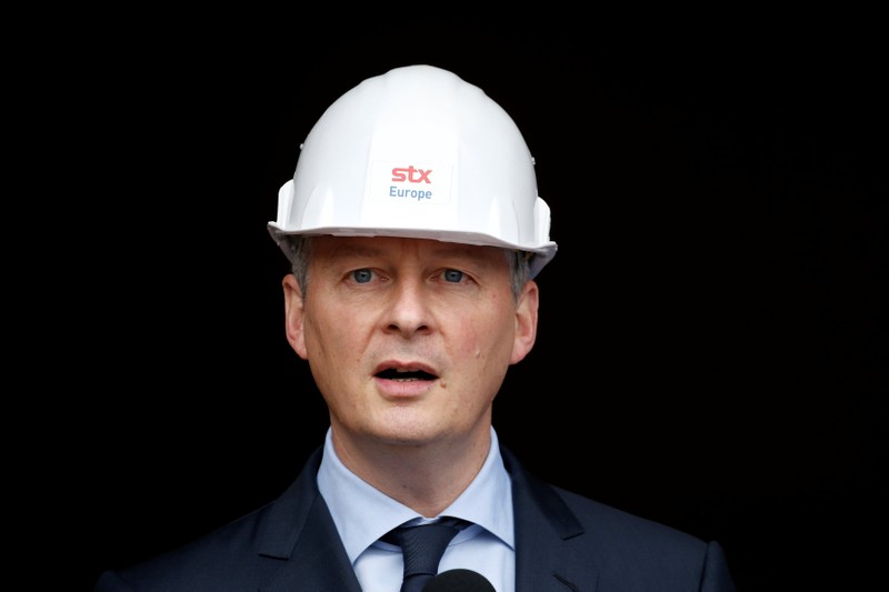 French Finance Minister Bruno Le Maire arrives to attend a visit at the STX shipyard site in Saint-Nazaire