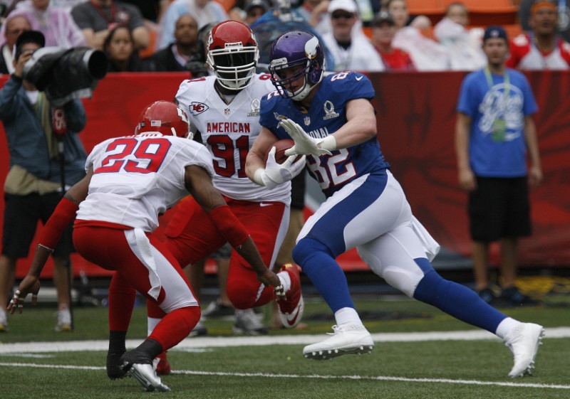 Minnesota Vikings Rudolph for the NFC runs the ball between Kansas City Chiefs Berry and Hali during the second quarter the NFL Pro Bowl in Honolulu, Hawaii