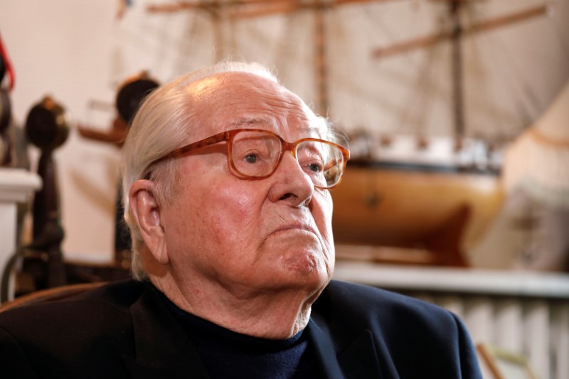 Jean-Marie Le Pen, founder of France's far-right National Front political party, reacts during an interview with Reuters in Montrerout