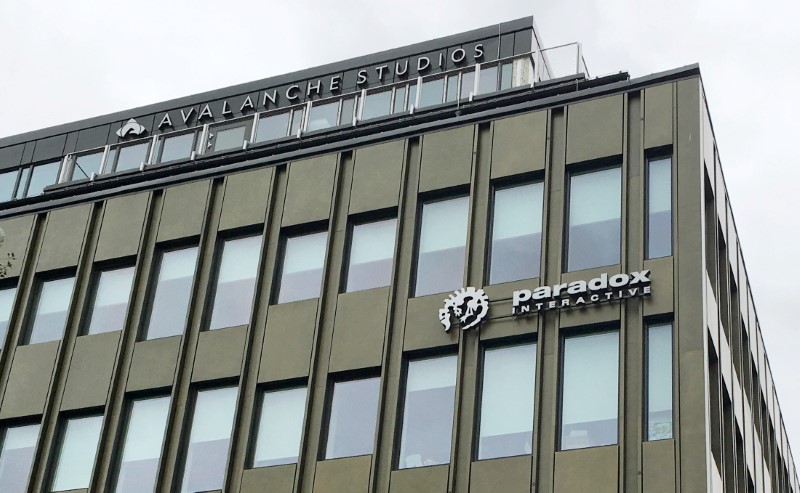 The logo of Paradox Interactive is seen on the building of company's headquarters in Stockholm