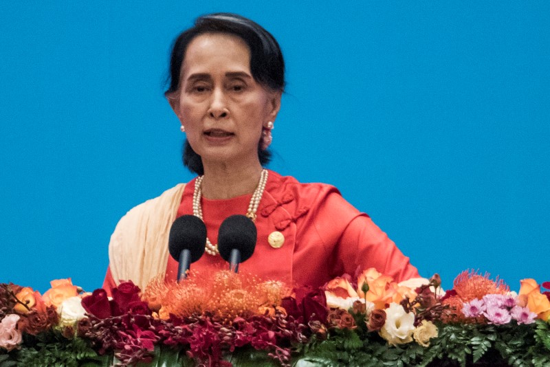 Myanmar's State Counsellor Aung San Suu Kyi gives a speech at the opening ceremony of the 
