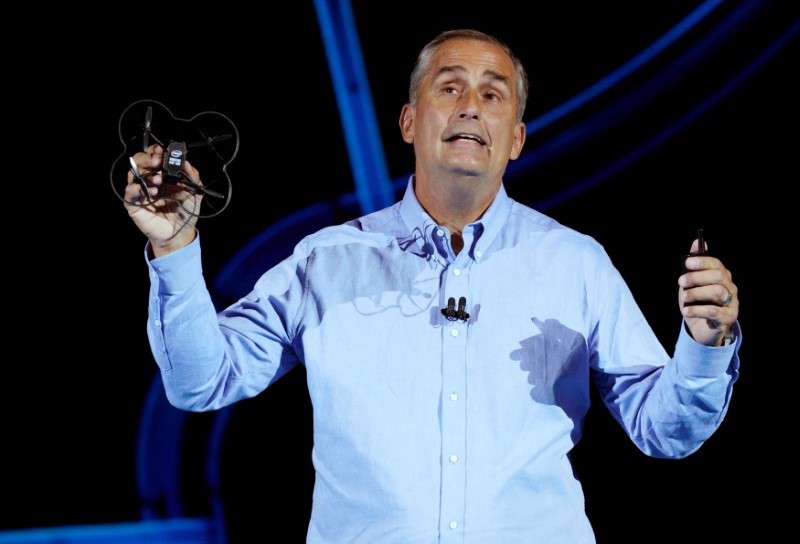 FILE PHOTO - Brian Krzanich, Intel CEO, holds up Intel's newest drone, the Shooting Star Mini as he speaks at the Intel Keynote address at CES in Las Vegas