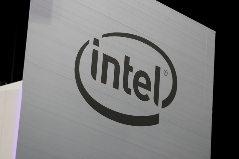 The Intel logo is shown at E3, the world's largest video game industry convention in Los Angeles