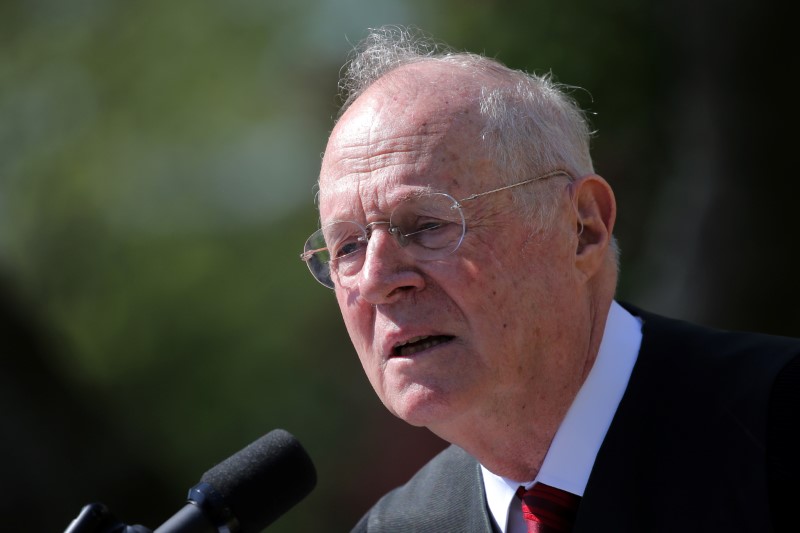 Supreme Court Associate Justice Anthony Kennedy speaks during a swearing in ceremony for Judge Neil Gorsuch as an associate justice of the Supreme Court in the Rose Garden of the White House in Washington