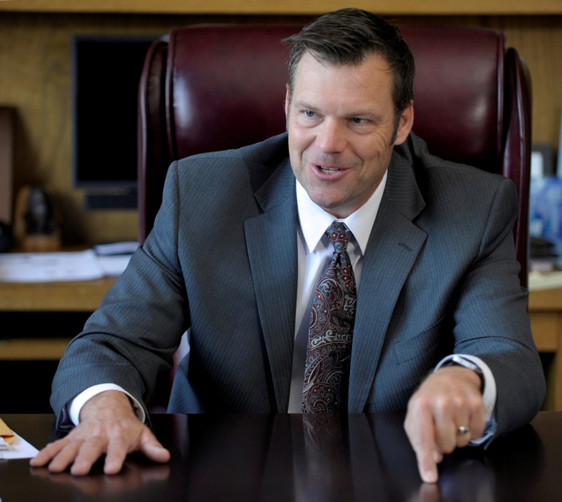 FILE PHOTO: Kansas Secretary of State Kobach talks about the Kansas voter ID law in his office in Topeka