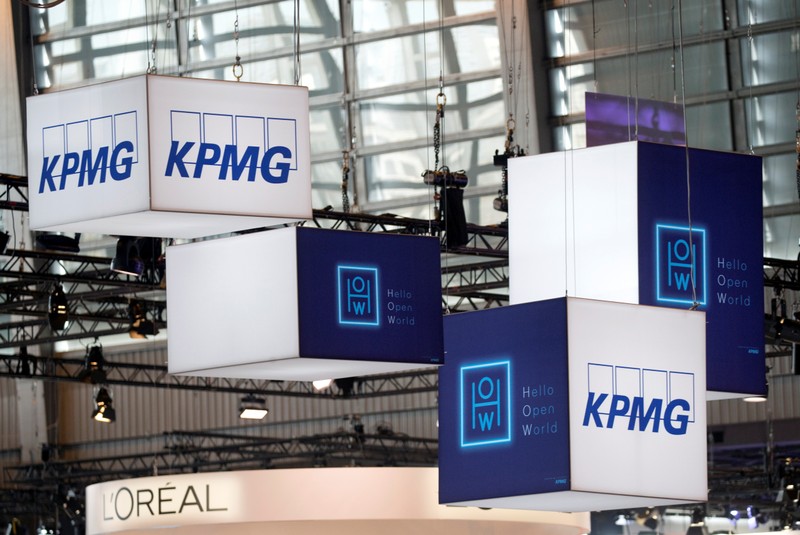 The logo of KPMG, a professional service company is pictured during the Viva Tech start-up and technology summit in Paris