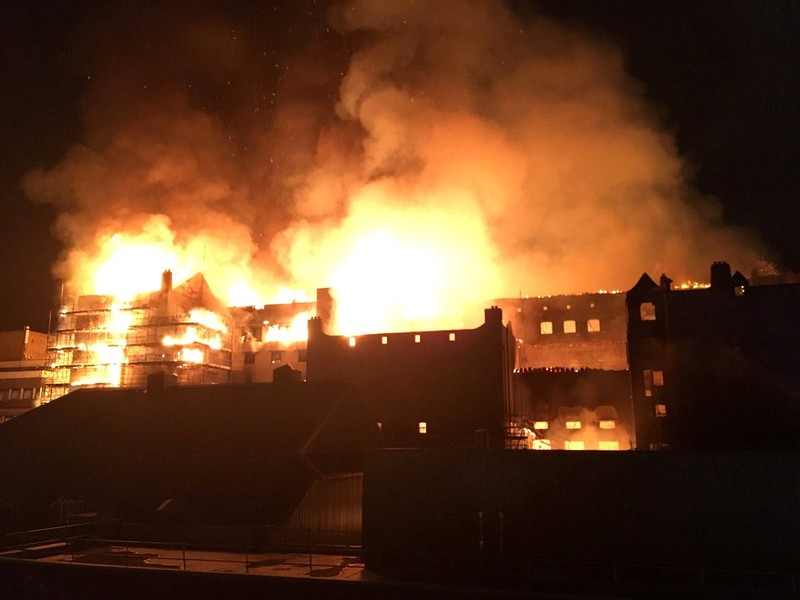 The rear elevation of the Glasgow School of Art is seen on fire, in Glasgow, Scotland, Britain