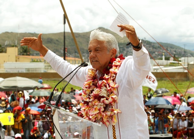 Mexico's presidential front-runner Andres Manuel Lopez Obrador of MORENA addresses supporters in Oaxaca