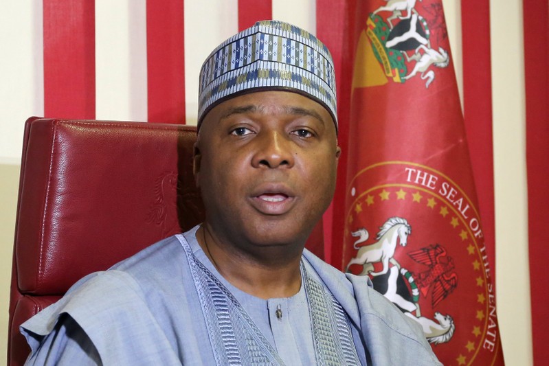 Nigeria's Senate President Bukola Saraki speaks during an interview with Reuters in Abuja