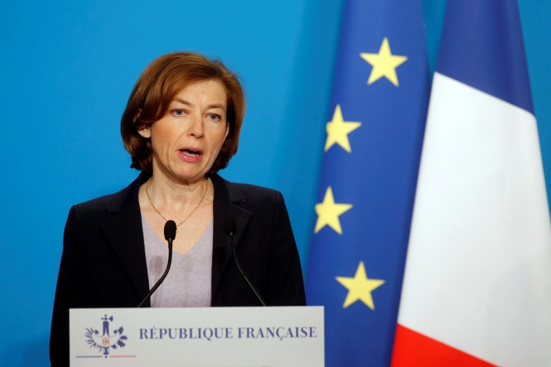 French Minister of the Armed Forces Florence Parly makes an official statement in the press room at the Elysee Palace in Paris