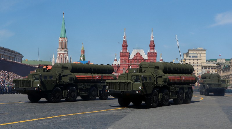 Russian servicemen drive S-400 missile air defence systems during the Victory Day parade at the Red Square in Moscow