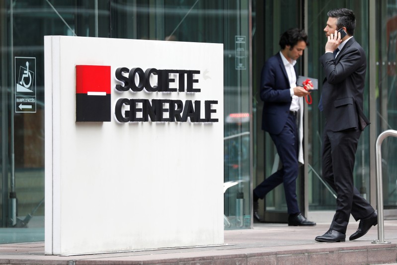 The logo of Societe Generale is pictured outside the headquarters of the French bank at the financial and business district of La Defense in Puteaux