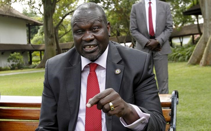 A file photo shows South Sudan's rebel leader Riek Machar speaking during an interview with Reuters in Kenya's capital Nairobi