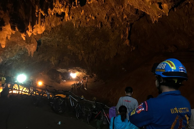 Rescue teams are seen inside of the Tham Luang caves where 13 members of an Under 16 soccer team were trapped in the northern province of Chiang Rai