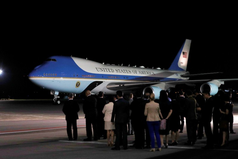 The plane carrying U.S. President Donald Trump arrives at Paya Lebar Air Base in Singapore