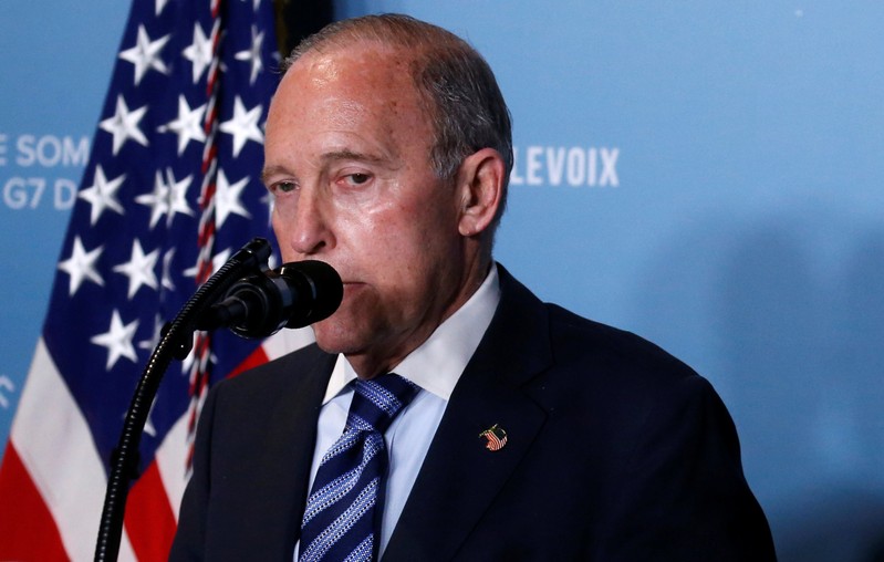 FILE PHOTO: Larry Kudlow gives remarks during a a press briefing with U.S. President Donald Trump at the G-7 summit in the Charlevoix city of La Malbaie