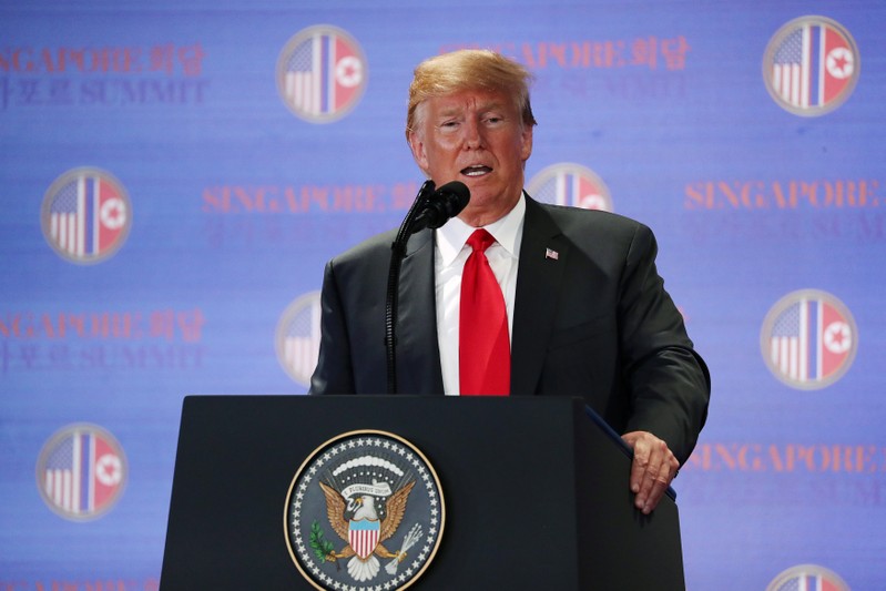 U.S. President Donald Trump speaks during a news conference after his meeting with North Korean leader Kim Jong Un at the Capella Hotel on Sentosa island in Singapore