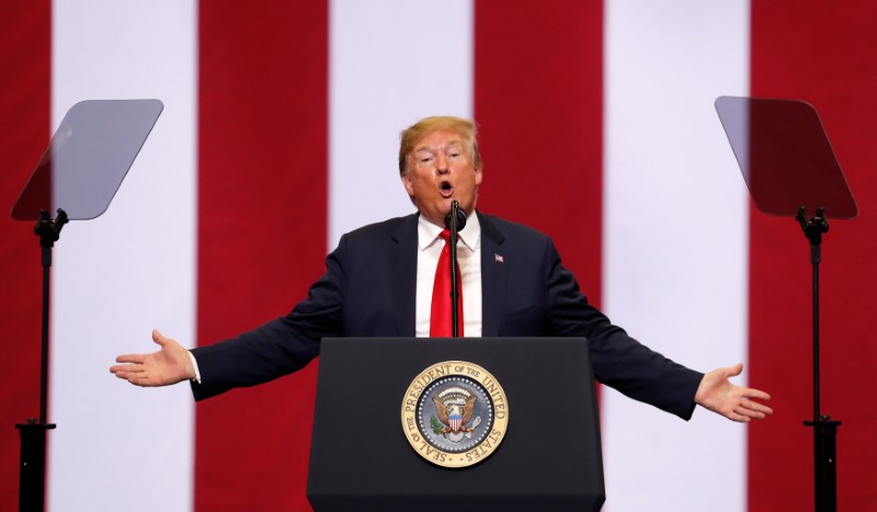 U.S. President Trump speaks at a rally in support of Rep. Cramer in Fargo