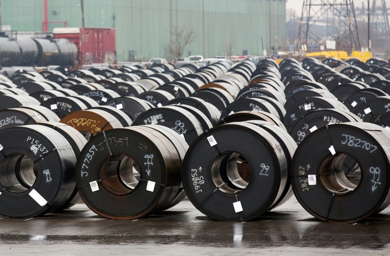 FILE PHOTO: Stored rolls of steel are seen outside the ArcelorMittal Dofasco plant in Hamilton