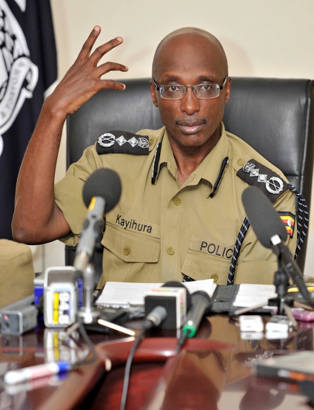 FILE PHOTO: Uganda's Inspector General of Police Kayihura gestures during a presentation to the media in Kampala