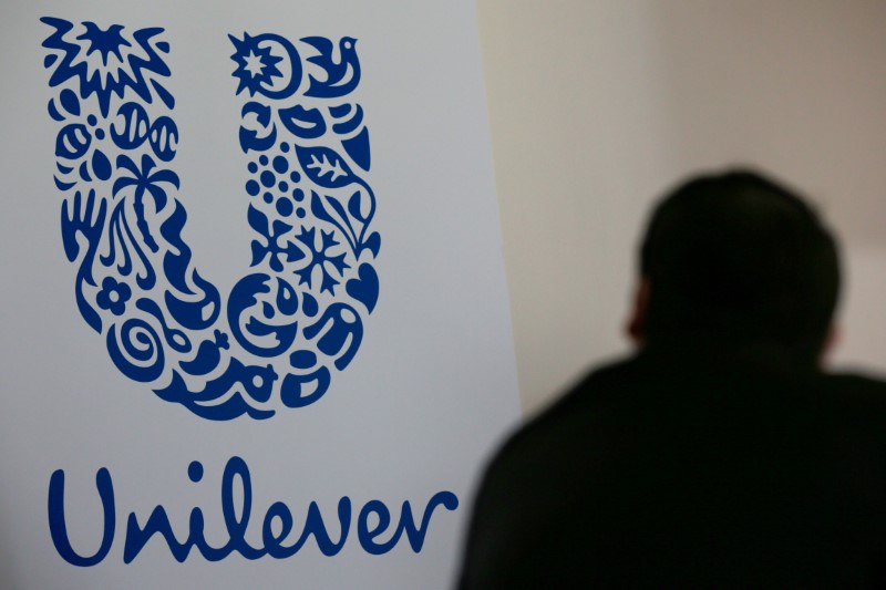 The logo of the Unilever group is seen at the Miko factory in Saint-Dizier, France