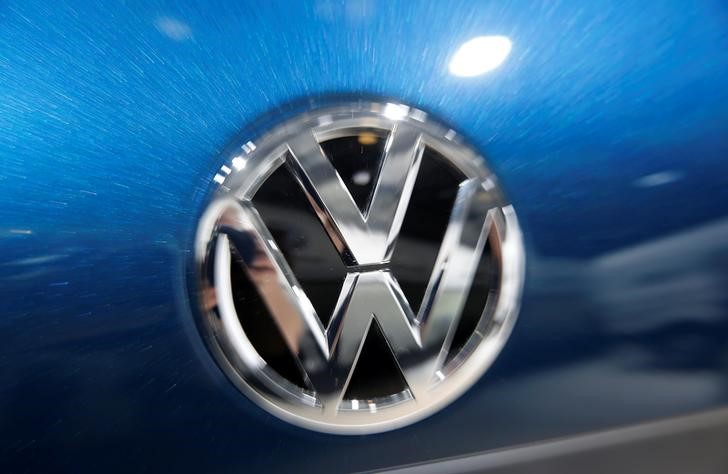 Volkswagen logo is pictured during the Volkswagen Group's annual general meeting in Berlin