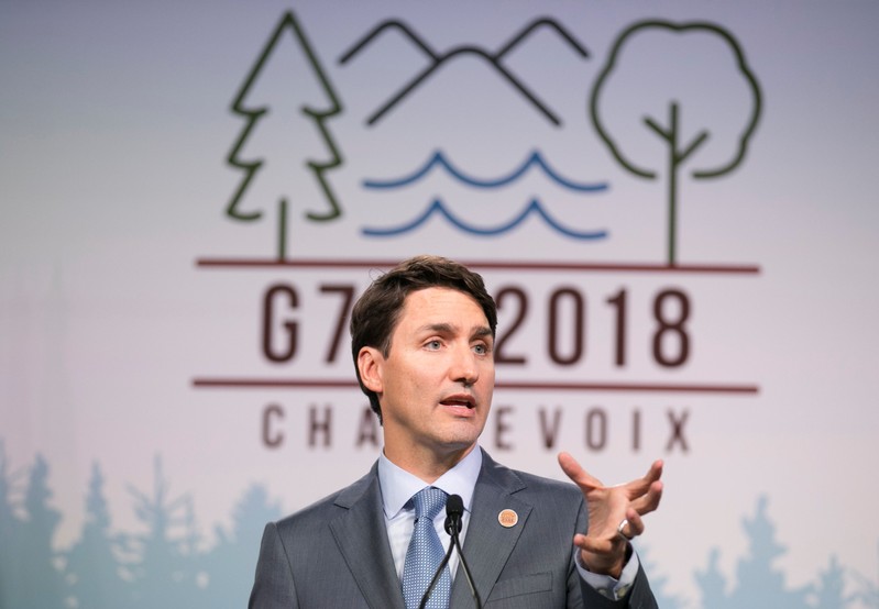 Canada's Prime Minister Justin Trudeau holds a press conference at the G7 Summit in the Charlevoix town of La Malbaie, Quebec