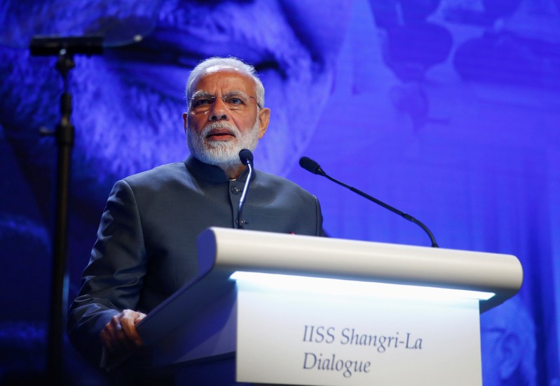 FILE PHOTO: India's Prime Minister Narendra Modi delivers the keynote address at the IISS Shangri-la Dialogue in Singapore