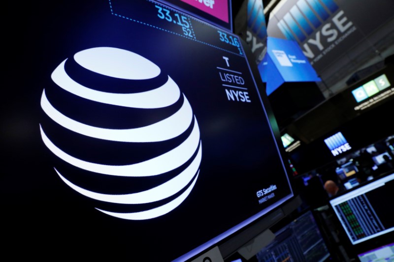 The AT&T logo is seen on a monitor on the floor of the New York Stock Exchange (NYSE)