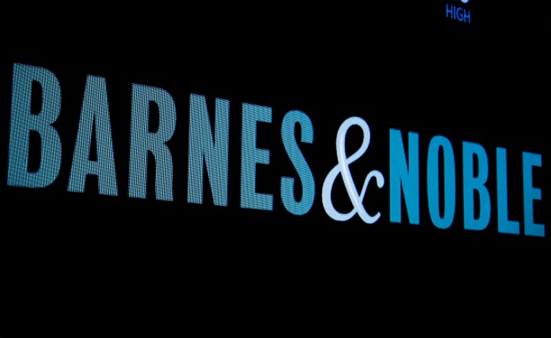 The logo for Barnes and Noble is displayed on a screen on the floor of the NYSE in New York