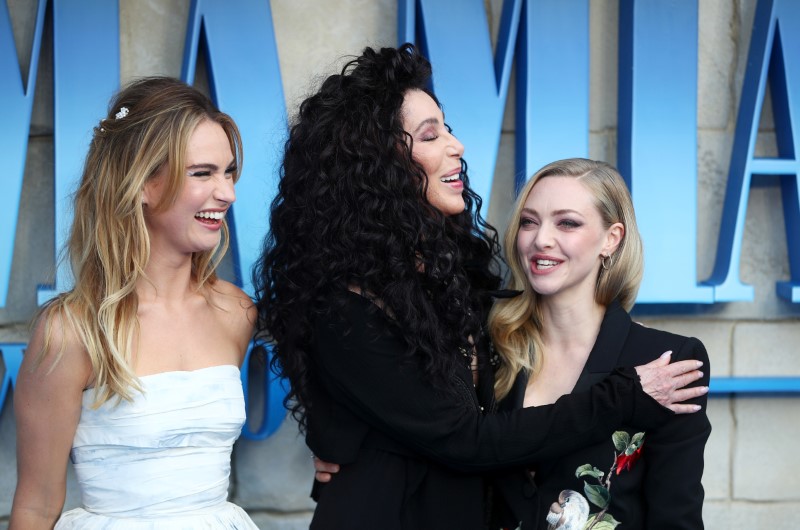 Cher, Lilly James and Amanda Seyfried attend the world premiere of Mamma Mia! Here We Go Again at the Apollo in Hammersmith, London