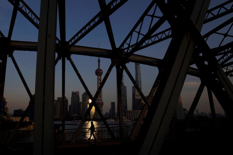 A man walks on a bridge in front of the financial district of Pudong in Shanghai