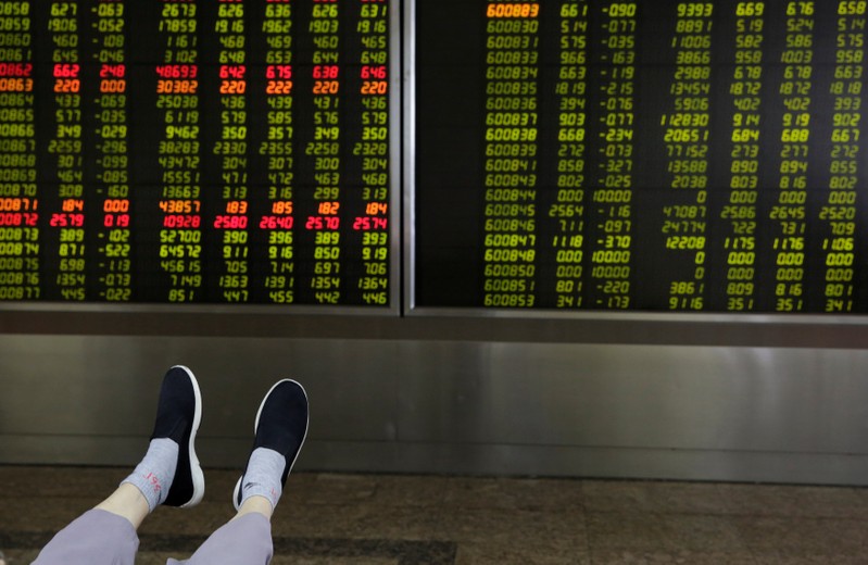 The feet of an investor are pictured as he looks at a board showing stock prices at a brokerage office in Beijing