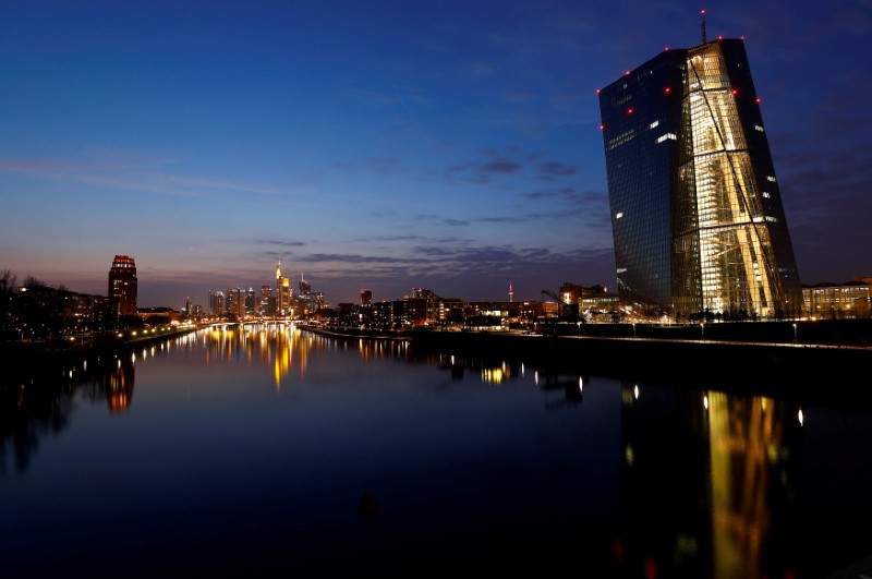 FILE PHOTO: The headquarters of the European Central Bank and the Frankfurt skyline with its financial district are photographed on early evening in Frankfurt