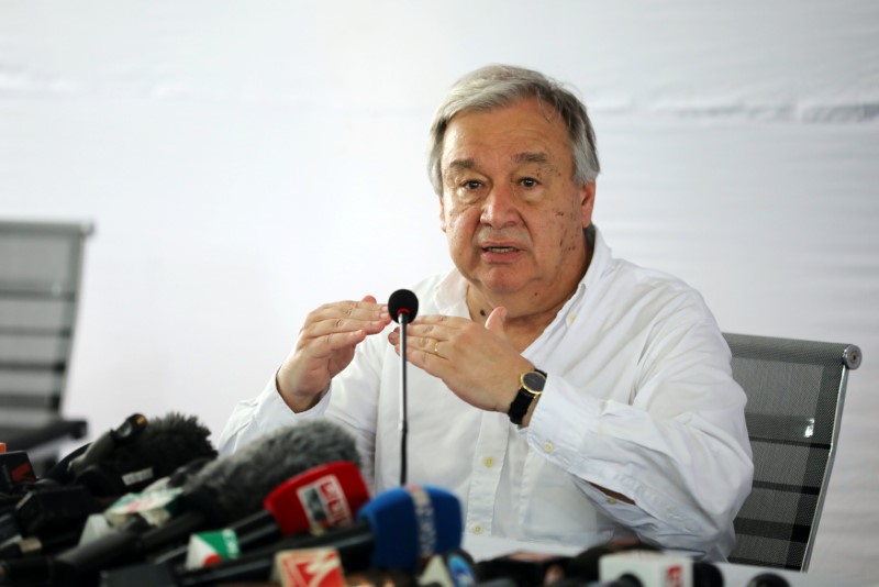 U.N. Secretary General Antonio Guterres attends a press briefing at the Kutupalong refugee camp in Cox’s Bazar