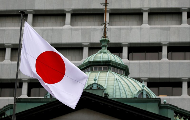 FILE PHOTO: A Japanese flag flutters atop the Bank of Japan building in Tokyo