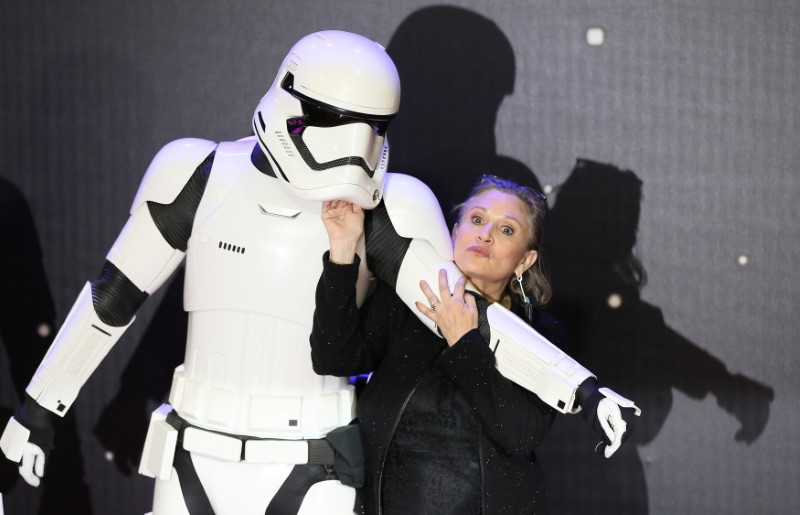 FILE PHOTO: Carrie Fisher poses for cameras as she arrives at the European Premiere of Star Wars, The Force Awakens in Leicester Square