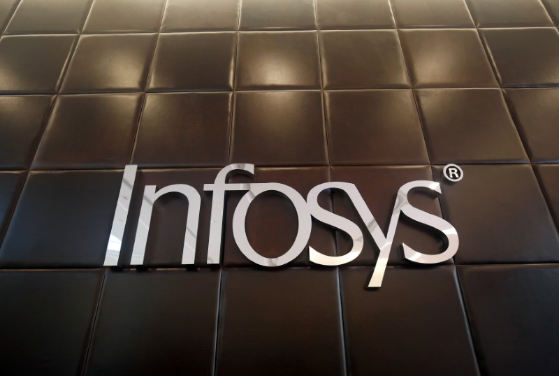 The logo of Infosys is pictured inside the company's headquarters in Bengaluru