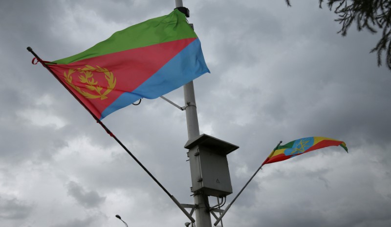 Ethiopian and Eritrean flags flutter during the welcoming ceremony of Eritrean Foreign Minister Osman Saleh and his delegation at the Bole International Airport in Addis Ababa